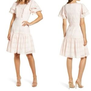 Feminine Coquette Soft Pink Flutter Sleeve Romantic Eyelet & Lace Midi Dress
